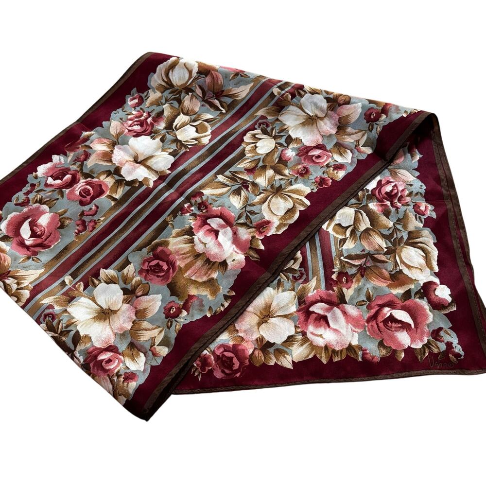 VERA silk scarf cottage chic romantic floral long rectangle pink red gray brown